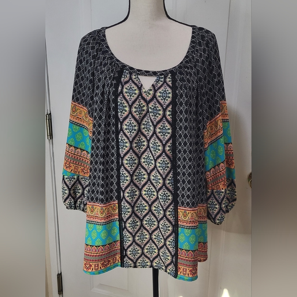 Olive Hill Flowy Boho 3/4 Sleeve Blouse Size XL Scoop Keyhole Neckline